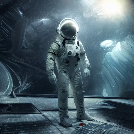 Image similar to concept art by craig mullins astronaut in futuristic dark and empty spaceship underwater. infrared complex and hyperdetailed technical suit. mandelbulb fractal. reflection and dispersion materials. rays and dispersion of light. volumetric light. 5 0 mm, f / 3 2. noise film photo. flash photography. unreal engine 4, octane render. interstellar movie art