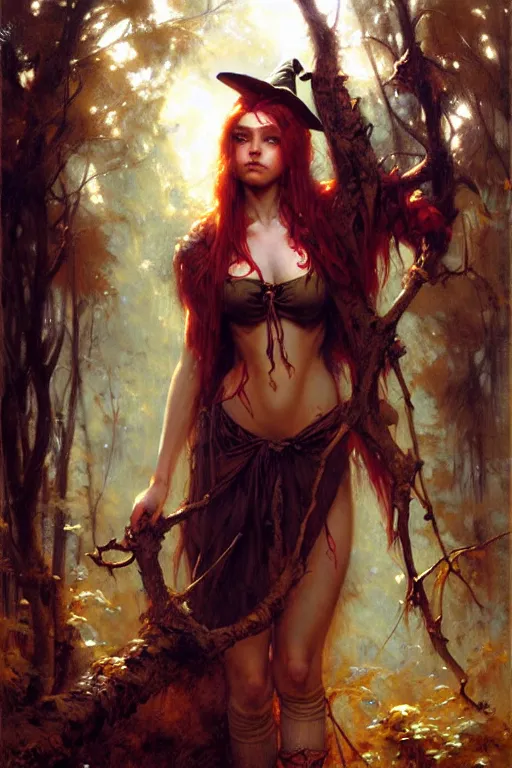 Prompt: young witch girl in the woods, highly detailed, realistic style. by raymond swanland, gaston bussiere, simon bisley