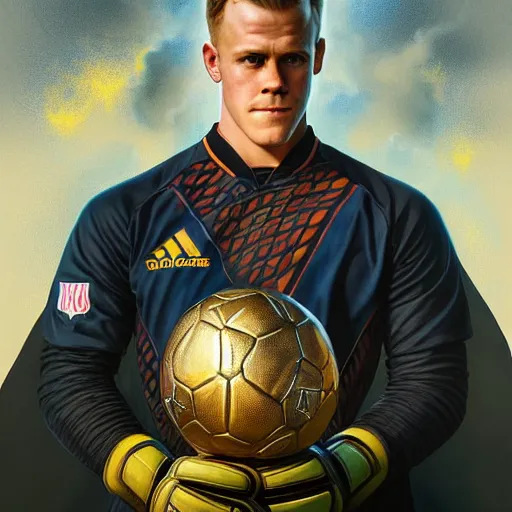 Image similar to Ter Stegen holding a bomb, goalkeeper, football pitch, D&D, fantasy, intricate, elegant, highly detailed, digital painting, artstation, concept art, matte, sharp focus, illustration, art by Artgerm and Greg Rutkowski and Alphonse Mucha