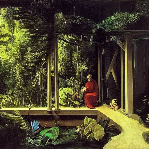 Image similar to a mystic town deep in the jungle, modern architecture, painted by caravaggio