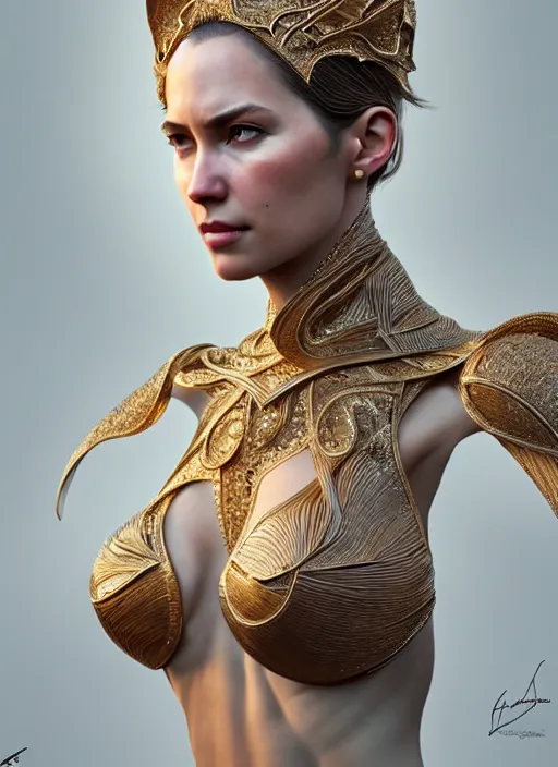 Image similar to a portrait of female in wearable sculpture art, intricate details, elegant, highly detailed, digital photography, artstation, glamor pose, concept art, smooth, sharp focus, art by artgerm and greg rutkowski, 3 d character, film, photorealistic, unreal engine