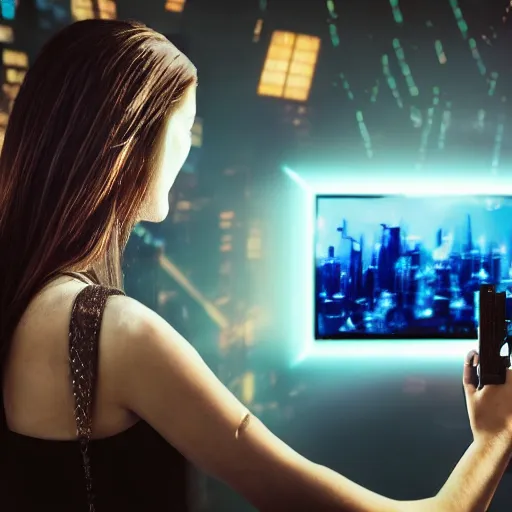 Prompt: a girl with a TV for a head in a cyberpunk city