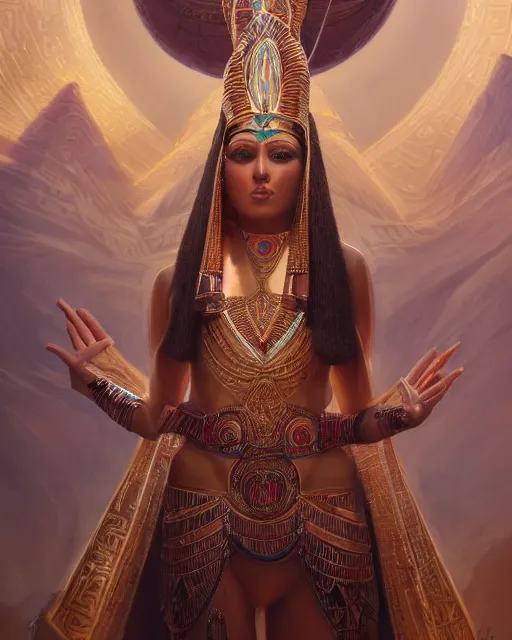 Image similar to Jessica Kahawaty as a beautiful egyptian princess, gorgeous, portrait, Symmetrical, powerful, intricate, beautiful, masterpiece, elegant, volumetric lighting, highly detailed, artstation, sharp focus, no cropping, illustration, Peter Mohrbacher, Artgerm, Jean-Léon Gérôme , ruan jia