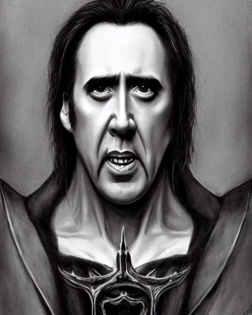 Image similar to nicolas cage as dracula, highly detailed, centered, artstation, concept art, smooth, sharp focus, illustration, bokeh art by artgerm and donato giancola and joseph christian leyendecker zdzisław beksinski