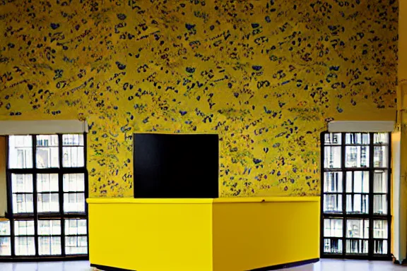 Image similar to an endless office space with old yellow wallpaper from the 1970s lit by fluorescent lights with no windows