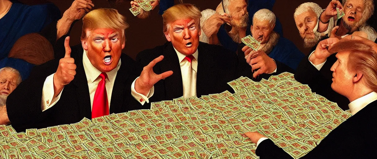 Image similar to donald trump counting money, a medieval painting, ultra - detailed, 8 k