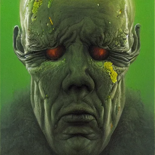 Image similar to Portrait of Angry man with Holes in his face, dark fantasy, yellow and green, artstation, painted by Zdzisław Beksiński and Wayne Barlowe