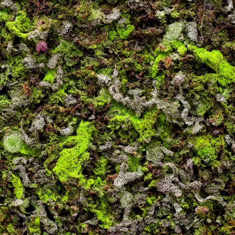Image similar to a lichens and moss close-up various fungus, mushrooms and plants, inside the picture is infinity, Atmospheric phenomenon, artistic photography, muted colors, conceptual, long exposure outside the city, volumetric light