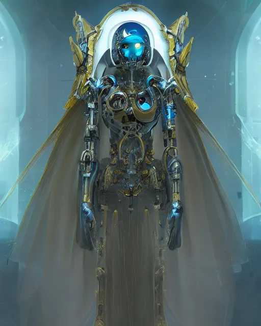 Image similar to benevolent cyborg necromancer, scifi, futuristic, elegant cape, helpful, kind, intelligent, alien room background, white, blue, gold, highly detailed, trending on artstation, soft light, holy machine, advanced technology, art by vitaly bulgarov and nivanh chanthara