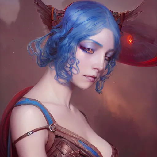 Prompt: a girl with blue hair and red eyes, D&D, fantasy, intricate, elegant, highly detailed, digital painting, artstation, concept art, smooth, sharp focus, illustration, art by artgerm and greg rutkowski and alphonse mucha