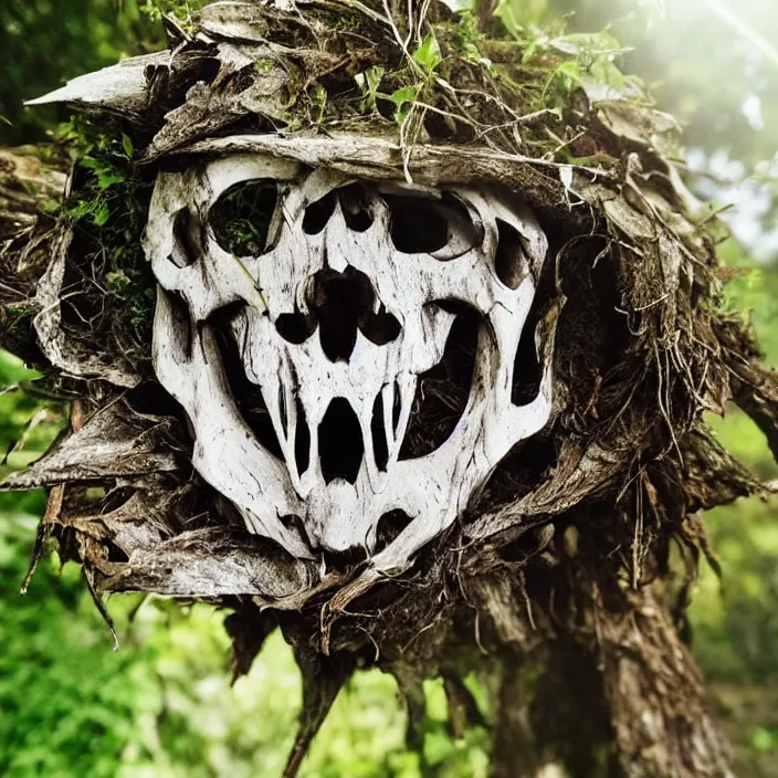 Prompt: overgrown foliage on a wolf skull, close - up, beautiful, lens flare, emotional, sweet