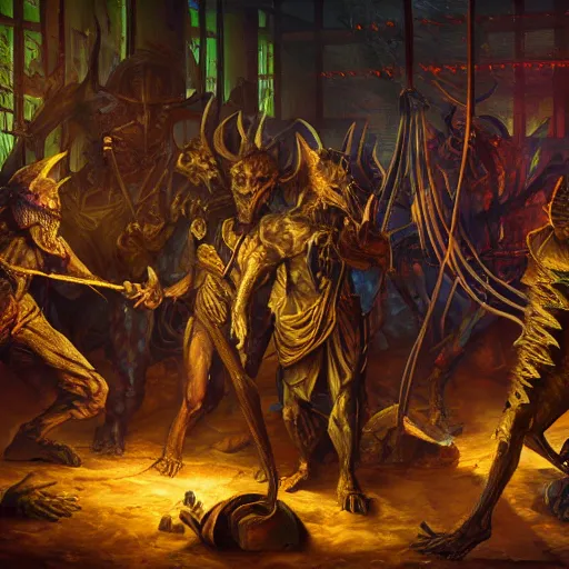 Prompt: evil souls being produced in incomprehensible sweatshop under fluorescent light hell, advanced, photorealistic, realistic, dramatic lighting, fantastic reality, by jeff easley, 8 k resolution