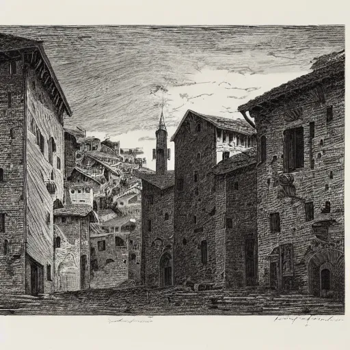Prompt: medieval italian town landscape, gustave dore lithography