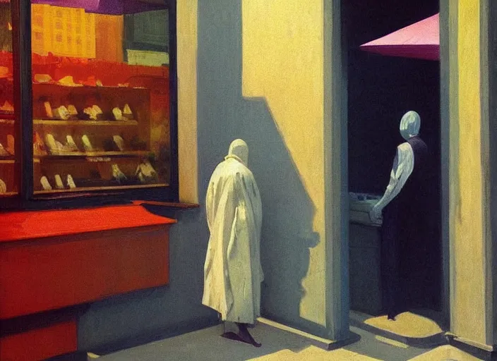 Image similar to man in a translucent dress made from plastic bag with paper bags for clothes standing inside paper bags with paper bag over the head at store in line for an ice cream cart display Edward Hopper and James Gilleard, Zdzislaw Beksinski, highly detailed