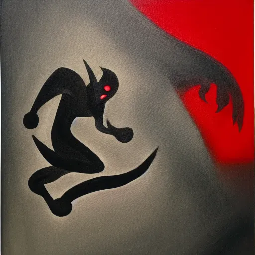 Image similar to Demon ninja warrior, Acrylic on canvas, low-key lighting, low angle, somber, sinister, doom, haunting