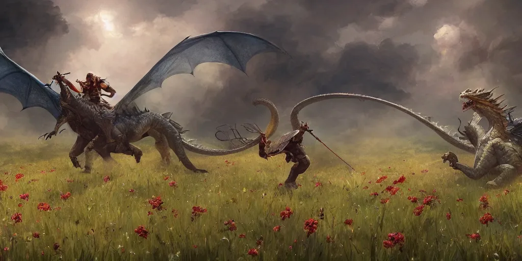 Image similar to male fighter ridding a dragon in a field of flowers, superwide angle, D&D, fantasy, intricate, cinematic lighting, highly detailed, digital painting, artstation, concept art, smooth, sharp focus, illustration, art by Greg Rutkowski