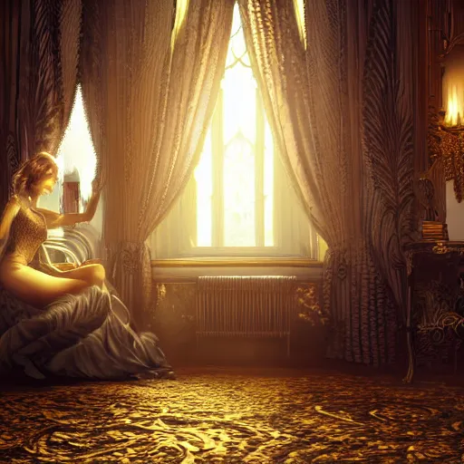Image similar to an incredibly beautiful and elegant woman covered in intricate gold leaf detail in a gothic hotel room with soft indirect lighting, an ultrafine detailed illustration by victoria frances, final fantasy, cinematic colors, behance contest winner, unreal engine 5 highly rendered, global illumination, radiant light, detailed and intricate environment, matte painting, artstation