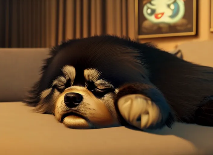 Image similar to a wholesome animation key shot of a black tibetan spaniel, sleeping on a leather couch, studio ghibli, pixar and disney animation, sharp, rendered in unreal engine 5, anime key art by greg rutkowski, bloom, dramatic lighting