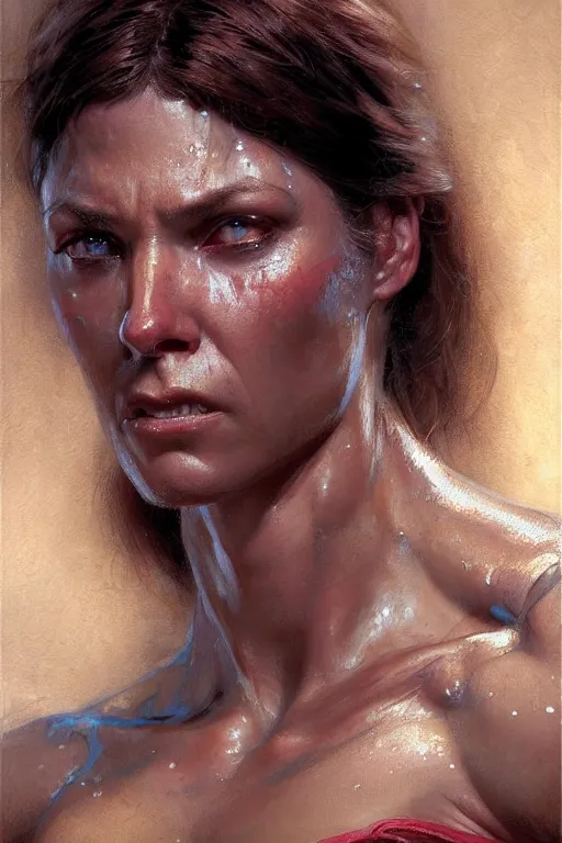 Prompt: muscular sweat spiderwoman,, exhausted face close up, highly detailed painting by gaston bussiere, craig mullins, j. c. leyendecker 8 k