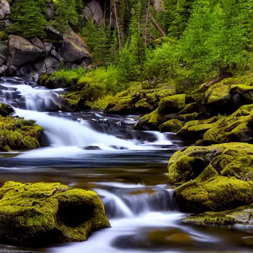 Prompt: walking into a very tall majestic Norwegian waterfall::2 creek, rocks, trout fish, pine and birch trees::1.8 realistic vegetation, realistic material textures, sunny, photorealistic, high speed photography, highly detailed, cinematic lighting, god rays, raytracing reflections, vray render, first person view