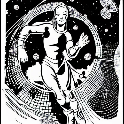 Prompt: clean simple line art of a woman floating in space wearing a space suit. no background. well composed, clean coloring book page, beautiful detailed face. coloring book line art by mike mignola and steve ditko