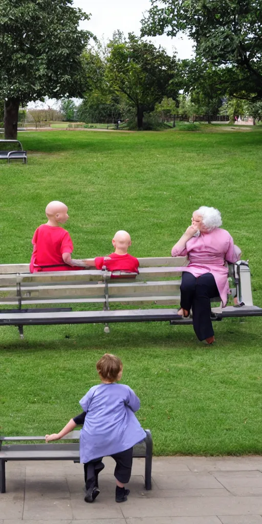 Prompt: In the park, bald old people in hospital gowns and bald children sitting on benches .