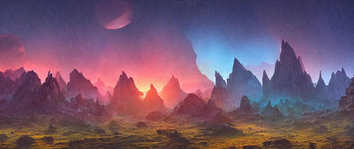 Image similar to alien landscape, epic mountains, chrome, neon, cobalt, sunset, misty, strange plants, 4 k, photoshop, photorealistic