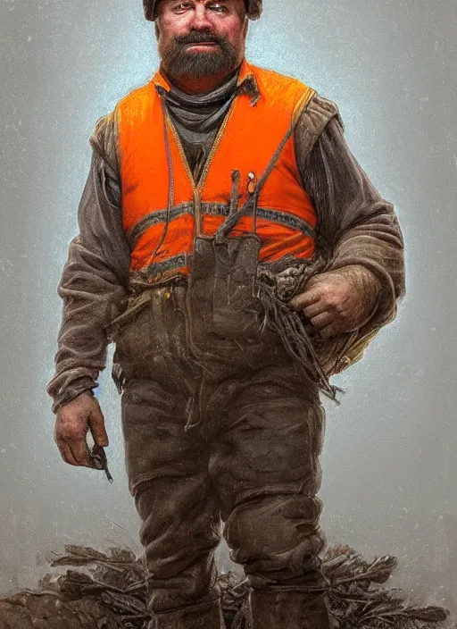 Image similar to a russian railroad electrician!!!, male!!, wearing orange vest!! helmet, straps, siberian forest!!, portrait, dirty, fat, ugly, intricate, elegant, highly detailed, digital painting, artstation, concept art, wallpaper, smooth, sharp focus, illustration, art by artgerm and greg rutkowski and alphonse mucha