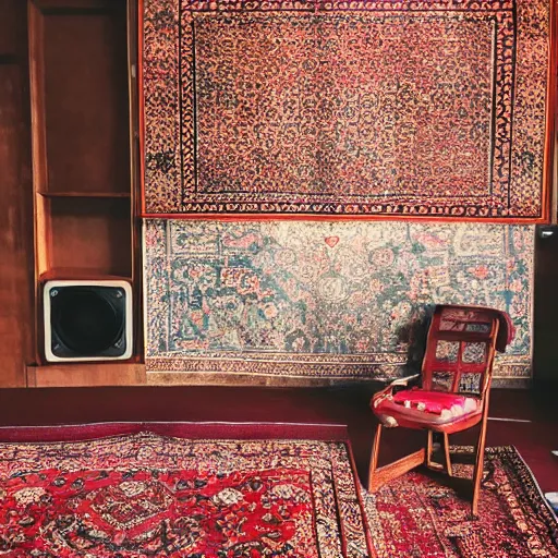 Prompt: a room with a chair, a table, few speakers and a persian carpet on the floor, unsplash, postminimalism, aesthetic