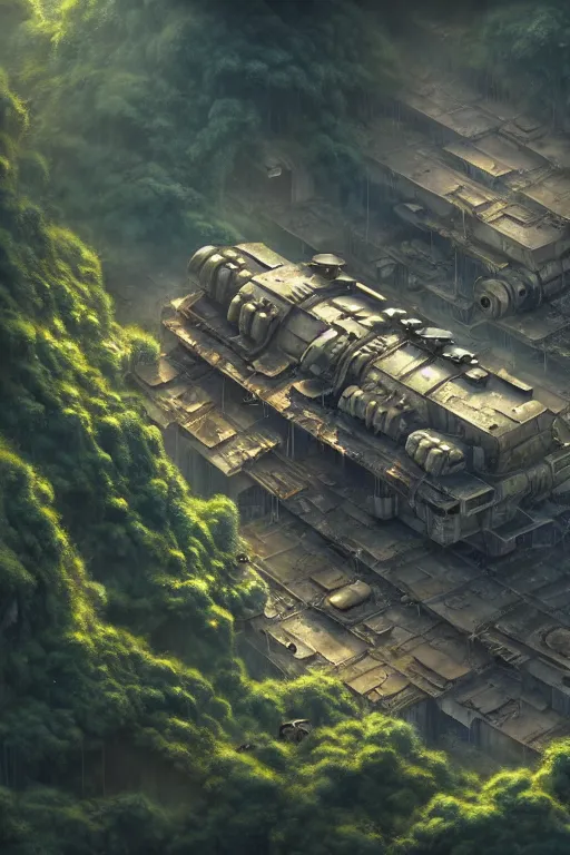 Prompt: a highly detailed matte painting of a post - apocalyptic dieselpunk military base in the jungle aerial view, by studio ghibli, makoto shinkai, by artgerm, by wlop, by greg rutkowski, volumetric lighting, octane render, 4 k resolution, trending on artstation, masterpiece