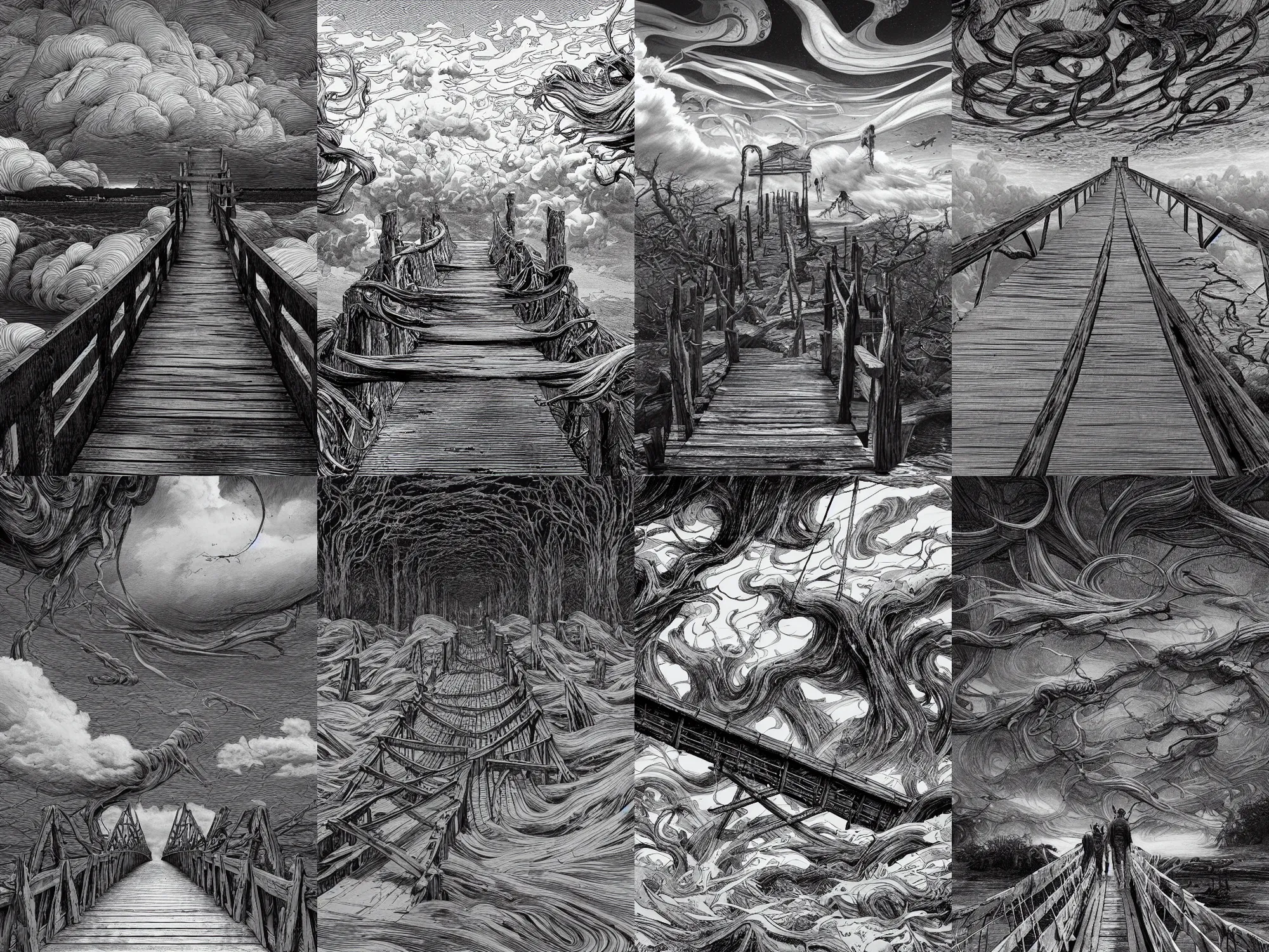 Prompt: walking on an old wood bridge towards a white castle, swirly clouds in the background, art by James Jean and Wayne Barlowe, high details , black and white ink, cinematic, cgsociety 8k