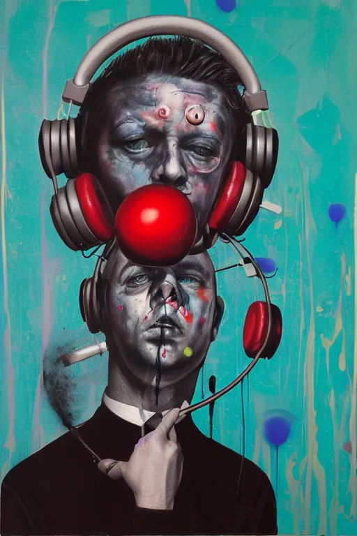 Prompt: hyperrealism surrealism acrylic painting, aerosol splashes on paper, close - up portrait of bowling ball - man with big headphones and a mime sweater art by jeff soto