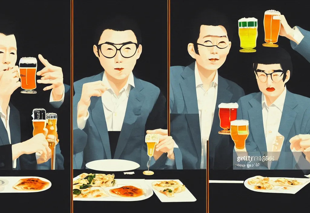 Image similar to two businessmen eating gyoza and drinking beer at an outdoor table in nighttime izakaya in shinbashi tokyo, japan, a collage painting, in the style of wes anderson, lola dupre, david hockney, isolated on negative white space background dark monochrome fluorescent neon spraypaint accents volumetric octane render