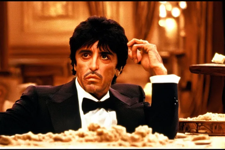 Prompt: tony montana from movie scarface 1 9 8 3 sitting at a big black oak table with big transparant packages of flour. next to the night window. al pacino. perfect symmetric face, coherent eyes,, fine details, 4 k, ron cobb, cinestill