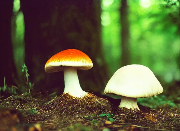 Image similar to a cute creature sitting next to a mushroom, cinestill 8 0 0 t 3 5 mm, high quality, heavy grain, high detail, panoramic, ultra wide lens, cinematic light, dramatic light, anamorphic