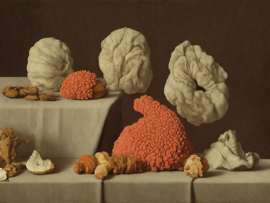 Image similar to Still life with corals, conch shell, white cloth, Buddha Ava statue, wilted flower, moldy bread. Painting by Hammershoi, Zurbaran, Morandi