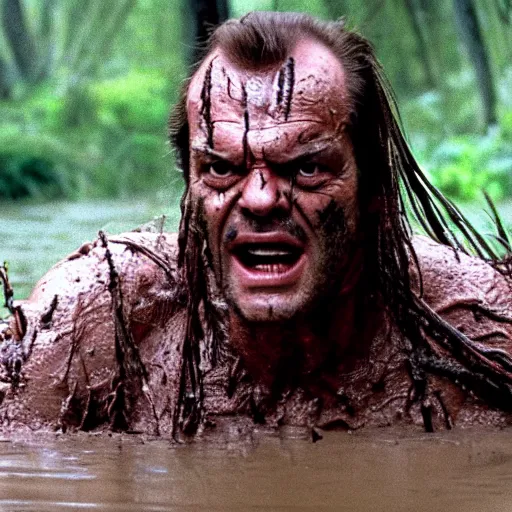 Image similar to cinematic still of jack nicholson, covered in mud and watching a predator in a swamp in 1 9 8 7 movie predator, hd, 4 k