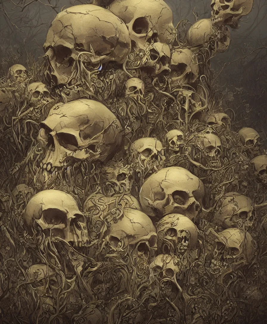 Prompt: close up skull and bones pile, illustrated by Simon Stålenhag and Gaston Bussiere, intricate, ultra detailed, photorealistic, trending on artstation