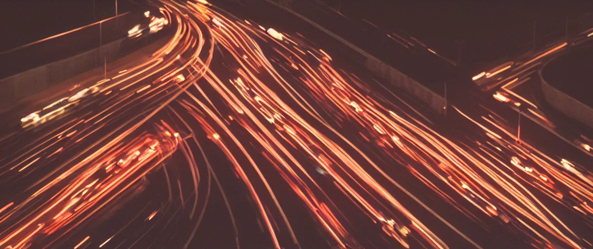 Prompt: nighttime on a Highway, Closeup of a man and a woman hugging, the cars are rushing past them. they are illuminated by the lights, kodak portra, grainy, triadic color scheme