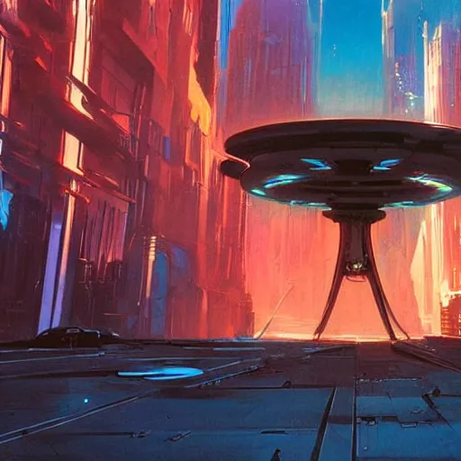 Image similar to derelict portal in a middle of a futuristic cityscape, world seen only through a portal, daylight, cinematic perspective, cinematic lighting, blue sky, syd mead, john harris