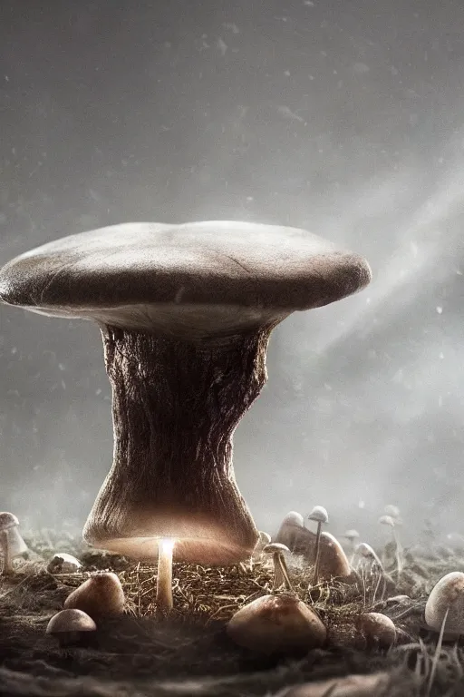 Image similar to a magic mushroom growing from an old dusty book, dramatic lighting, cinematic, establishing shot, extremely high detail, foto realistic, cinematic lighting, post processed, concept art, high details, cinematic, 8k resolution, beautiful detailed, photorealistic, digital painting, artstation, concept art, smooth, sharp focus, artstation trending, octane render, unreal engine