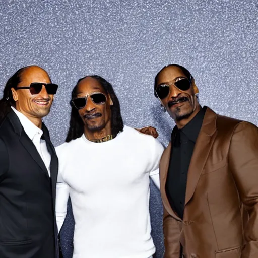 Image similar to a picture of Dwayne Johnson, snoop Dogg and Jackie Chan posing together for the camera