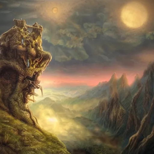 Image similar to steampunk ent man from lord of the rings, fantasy, high detail, realistic, pastel, complex psychadelic patterns, dark, magical natural mountainous background with setting sun, smoke in sky