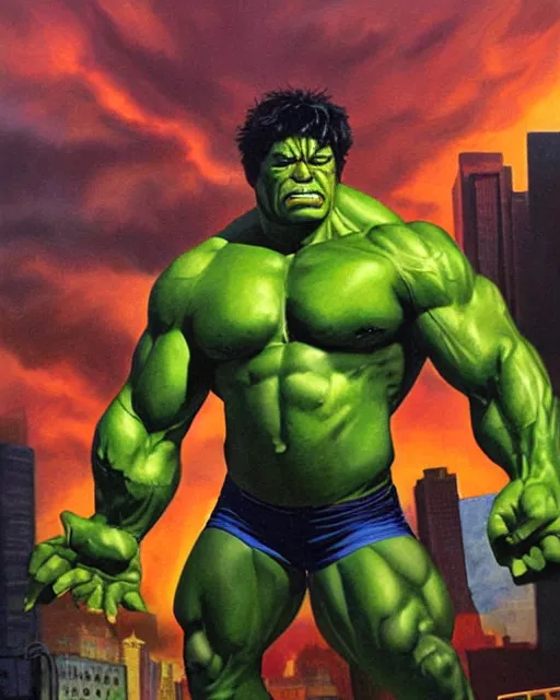 Image similar to a moody oil painting of the incredible hulk looking angry at noon in a city by joe jusko.