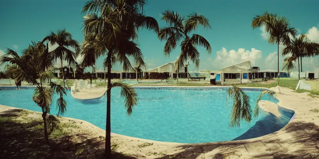 Image similar to hyperrealistic surreal defunct florida keys abandoned resort with palm trees around a pool, a surreal vaporwave liminal space, 1970s color kodak Kubrick film, anamorphic lenses