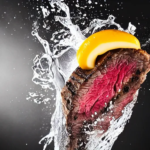 Prompt: a steak splashing into a pitcher of water, food photography gourmet, trendy food, macro photography, high contrast, slow - mo high speed photography