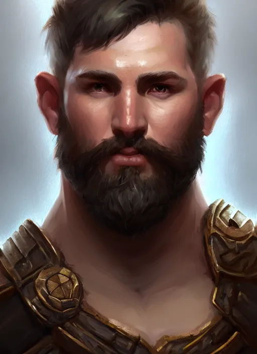 Image similar to a _ fantasy _ style _ portrait _ painting _ of chubby white barbarian male very short hair short stubble, brown hair, rpg dnd oil _ painting _ unreal _ 5 _ daz. _ rpg _ portrait _ extremely _ detailed _ artgerm _ greg _ rutkowski _ greg