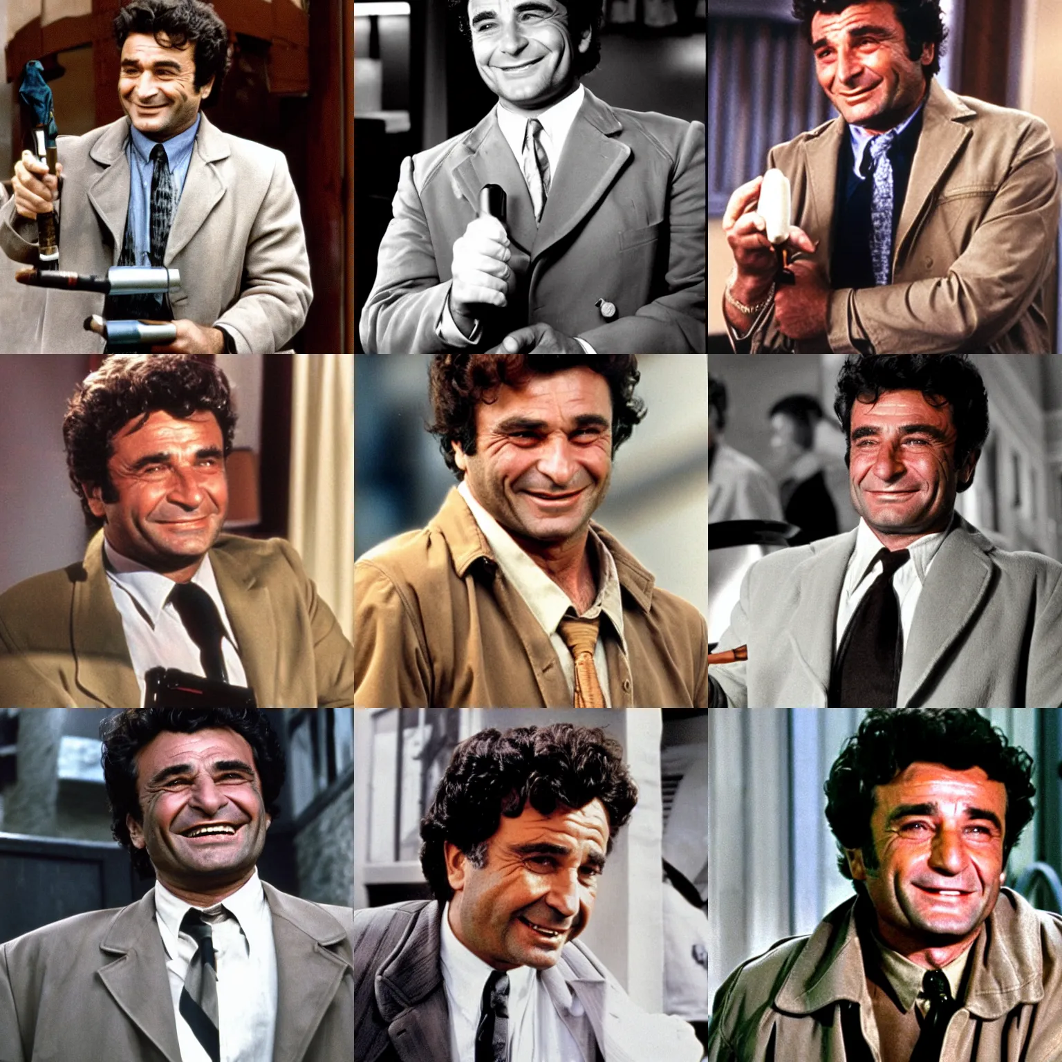 Prompt: a young peter falk as police detective columbo in his messy tan trenchcoat, smiling, holding a behelit from berserk