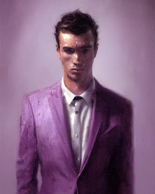 Image similar to A hyper realistic oil painting of a man in his twenties dressed in a purple suit, full height, clean shaven, insane looking face, messy hair, covered in blood, by Greg Rutkowski, trending on artstation, 4k, creepy lighting