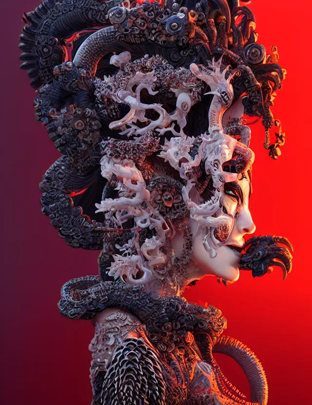 Image similar to 3 d goddess of hell close - up profile portrait with ram skull. beautiful intricately detailed japanese crow kitsune mask and clasical japanese kimono. betta fish, jellyfish phoenix, bio luminescent, plasma, ice, water, wind, creature, artwork by tooth wu and wlop and beeple and greg rutkowski